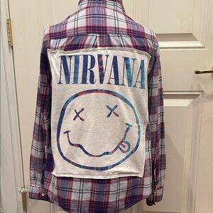 Plaid Upcycled Flannel Old Navy Nirvana Women's Top - Red and Blue